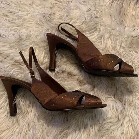 Metaphor Brown Peep Toe 3.5” Heel With Rhinestones and Buckle Ankle Strap Size 9 - Picture 14 of 15